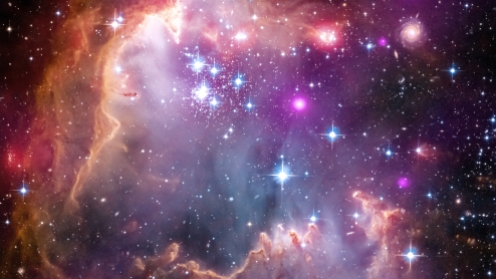 New Chandra observations have been used to make the first detection of X-ray emission from young stars with masses similar to our Sun outside our Milky Way galaxy. The Chandra observations of these low-mass stars were made of the region known as the "Wing" of the Small Magellanic Cloud (SMC), one of the Milky Way's closest galactic neighbors. In this composite image of the Wing the Chandra data is shown in purple, optical data from the Hubble Space Telescope is shown in red, green and blue and infrared data from the Spitzer Space Telescope is shown in red. Astronomers call all elements heavier than hydrogen and helium - that is, with more than two protons in the atom's nucleus - "metals". The Wing is a region known to have fewer metals compared to most areas within the Milky Way. The Chandra results imply that the young, metal-poor stars in NGC 602a produce X-rays in a manner similar to stars with much higher metal content found in the Orion cluster in our galaxy.